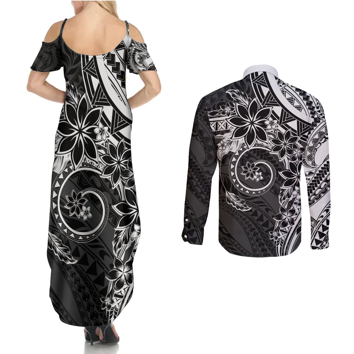 Polynesian Pattern With Plumeria Flowers Couples Matching Summer Maxi Dress and Long Sleeve Button Shirt Black
