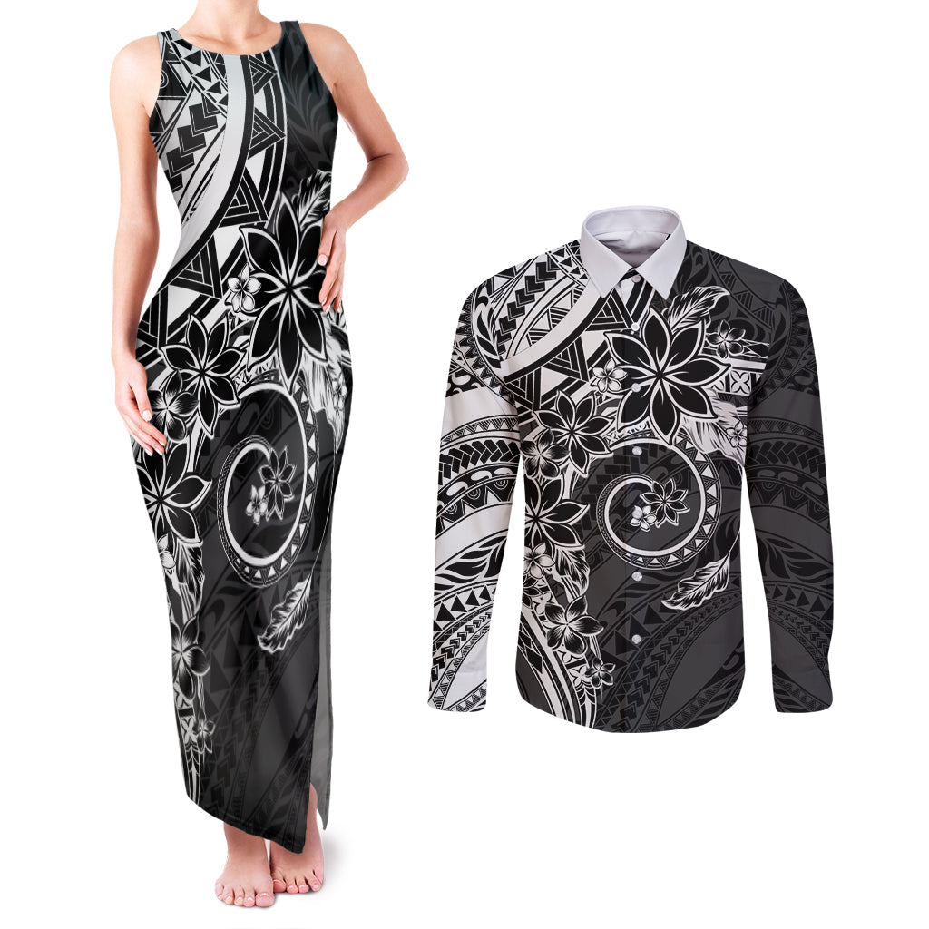 Polynesian Pattern With Plumeria Flowers Couples Matching Tank Maxi Dress and Long Sleeve Button Shirt Black