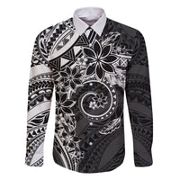 Polynesian Pattern With Plumeria Flowers Family Matching Off The Shoulder Long Sleeve Dress and Hawaiian Shirt Black