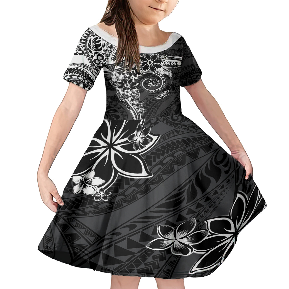 Polynesian Pattern With Plumeria Flowers Family Matching Off Shoulder Maxi Dress and Hawaiian Shirt Black LT05 Daughter's Dress Black - Polynesian Pride