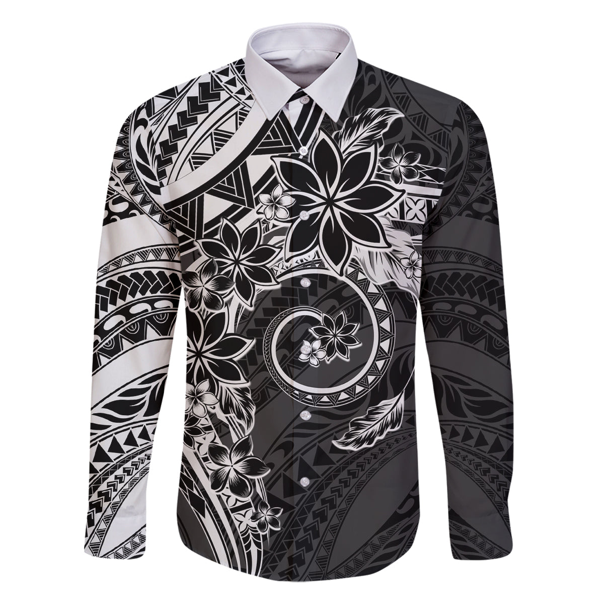 Polynesian Pattern With Plumeria Flowers Family Matching Off Shoulder Maxi Dress and Hawaiian Shirt Black LT05 Dad's Shirt - Long Sleeve Black - Polynesian Pride