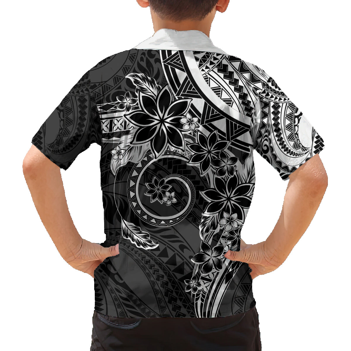 Polynesian Pattern With Plumeria Flowers Family Matching Tank Maxi Dress and Hawaiian Shirt Black