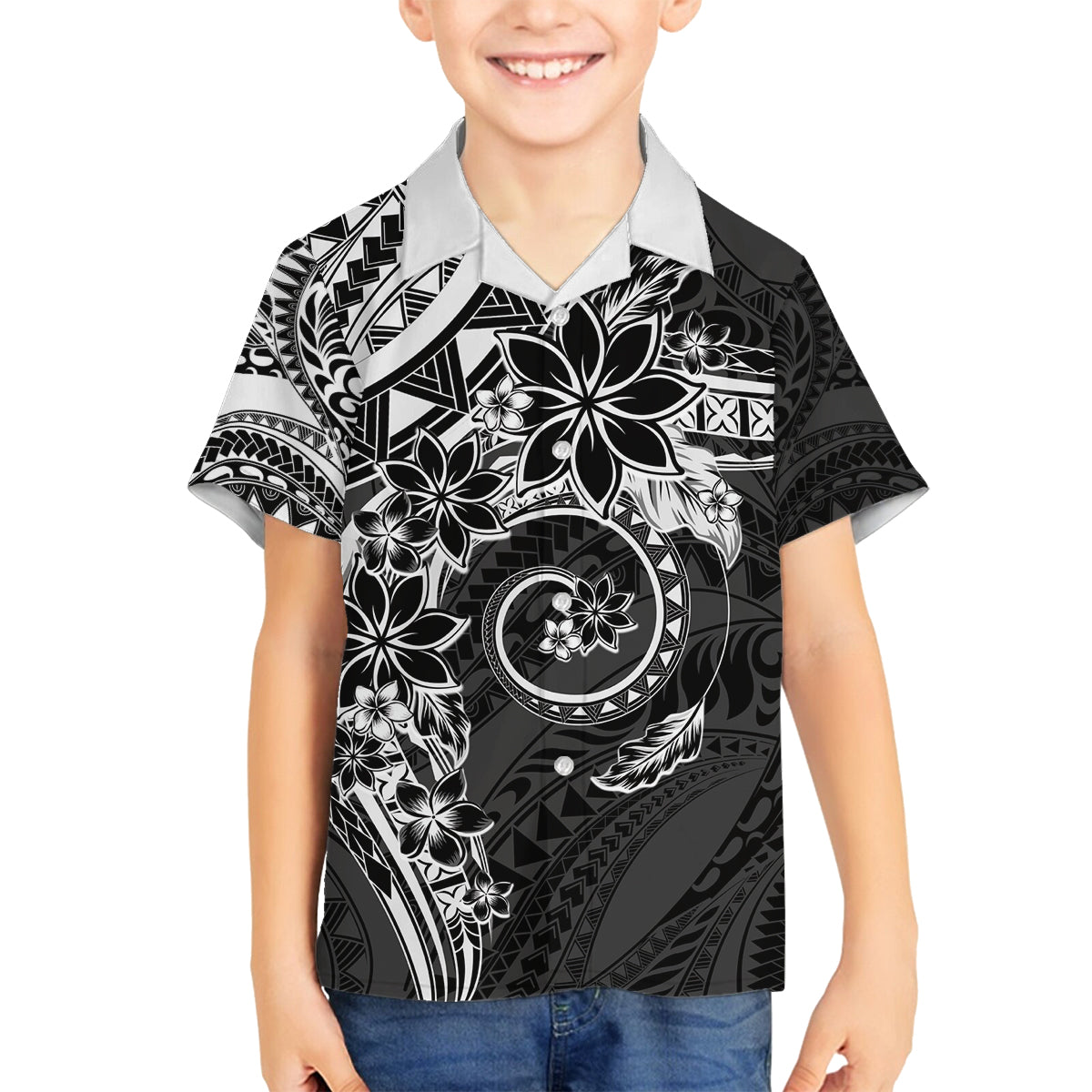 Polynesian Pattern With Plumeria Flowers Family Matching Tank Maxi Dress and Hawaiian Shirt Black