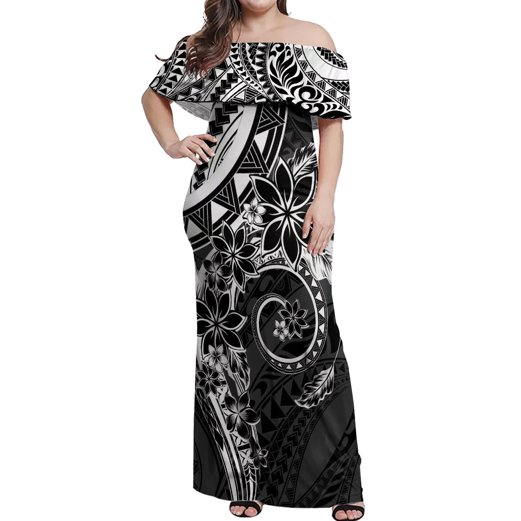 Polynesian Pattern With Plumeria Flowers Off Shoulder Maxi Dress Black LT05 Women Black - Polynesian Pride