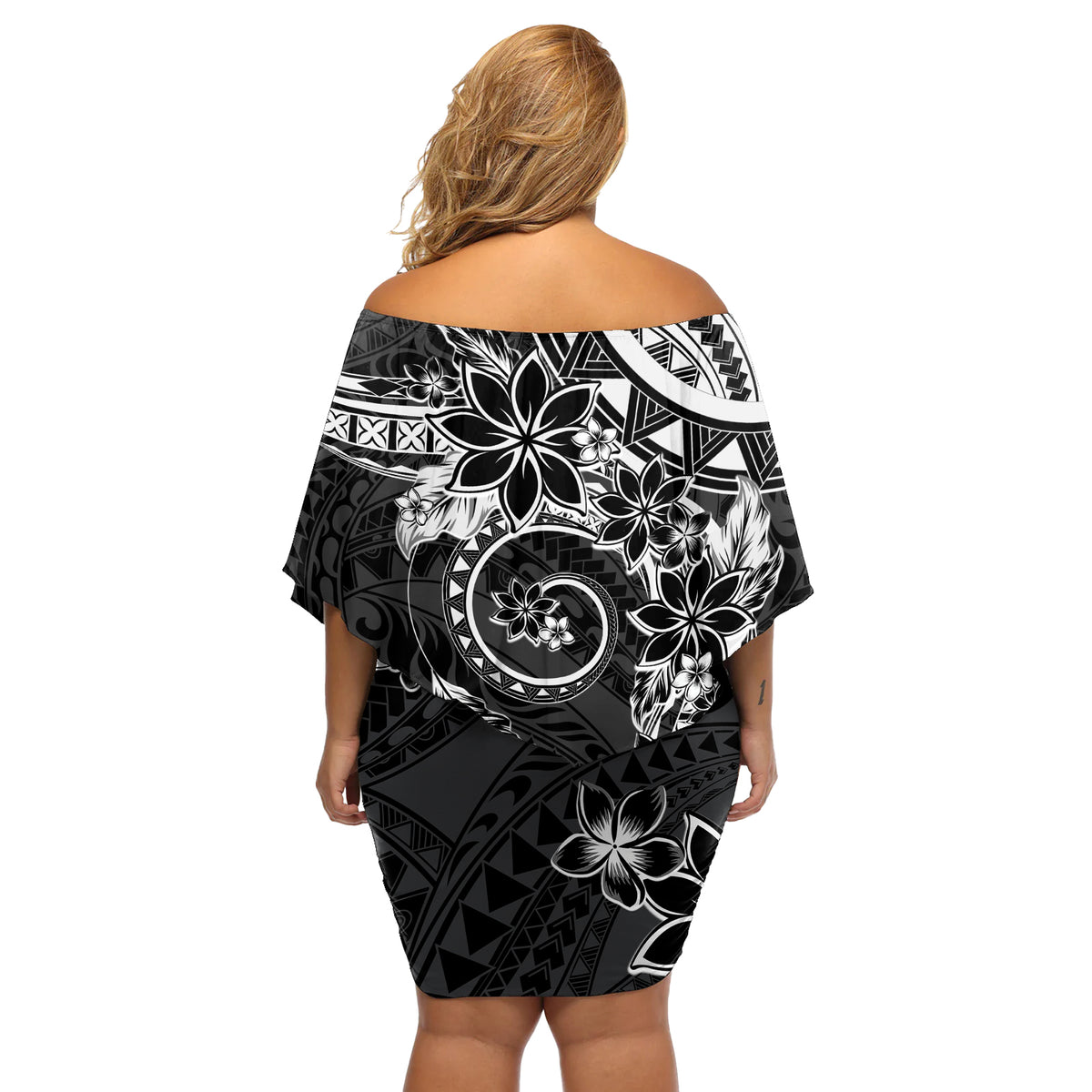 Polynesian Pattern With Plumeria Flowers Off Shoulder Short Dress Black
