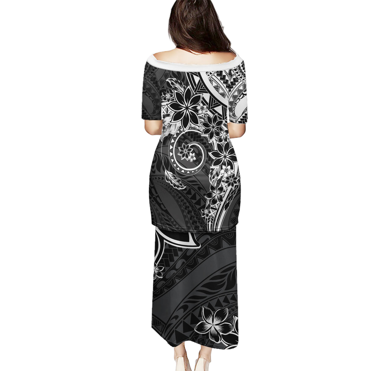 Polynesian Pattern With Plumeria Flowers Puletasi Black