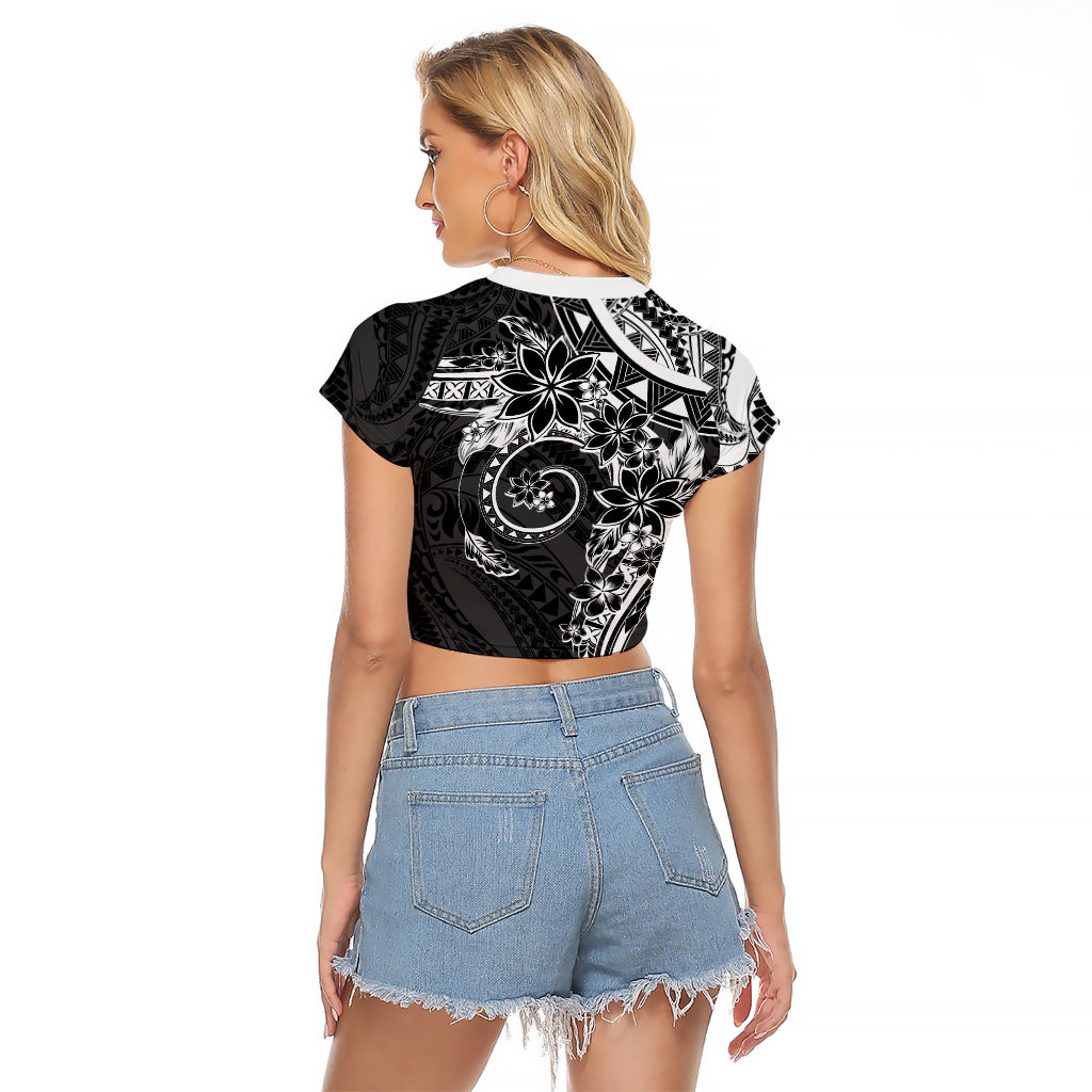 Polynesian Pattern With Plumeria Flowers Raglan Cropped T Shirt Black