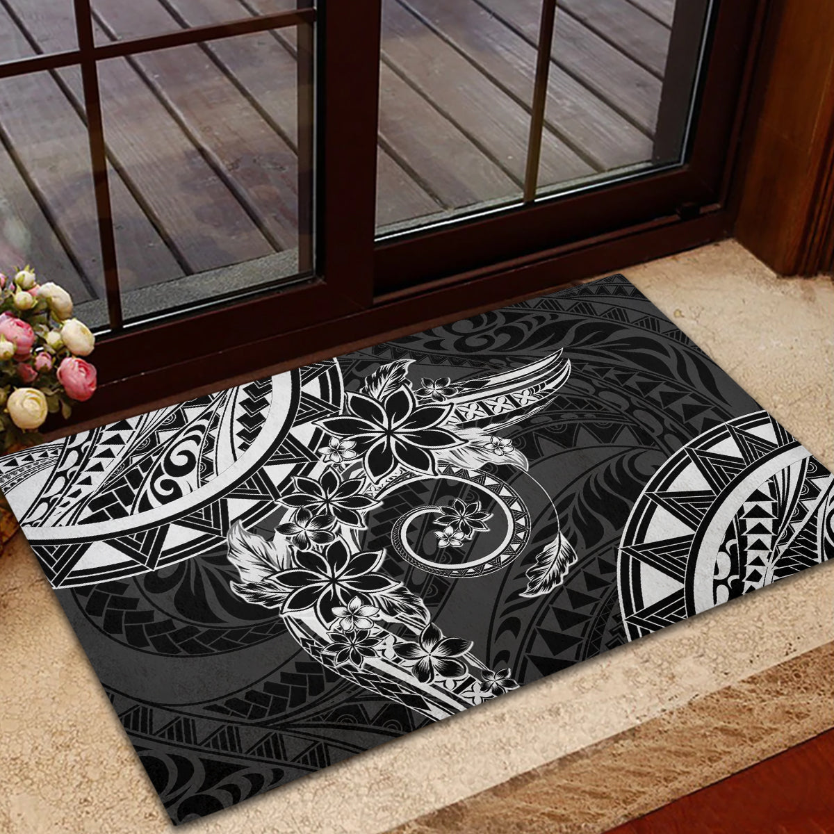 Polynesian Pattern With Plumeria Flowers Rubber Doormat Black