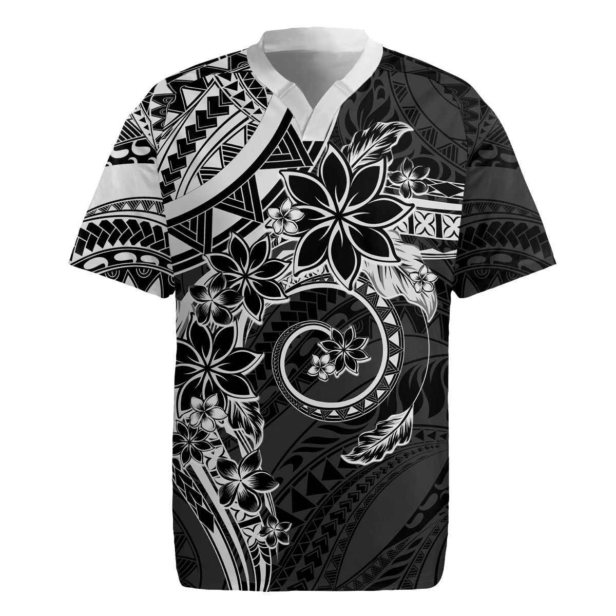 Polynesian Pattern With Plumeria Flowers Rugby Jersey Black LT05 Black - Polynesian Pride