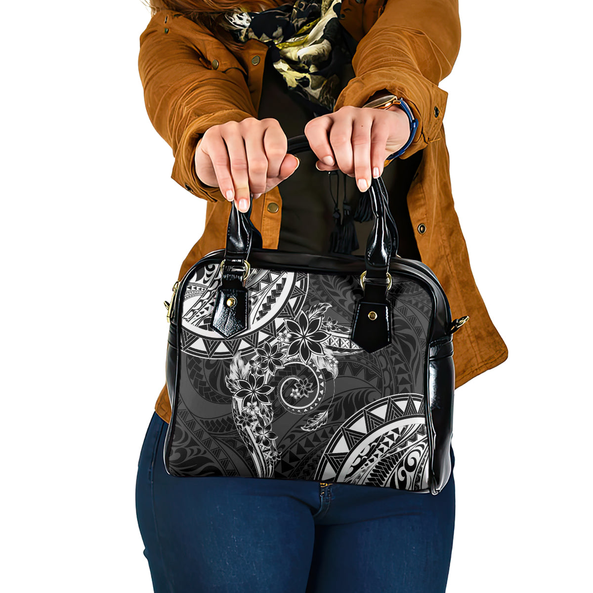 Polynesian Pattern With Plumeria Flowers Shoulder Handbag Black LT05 One Size Black - Polynesian Pride