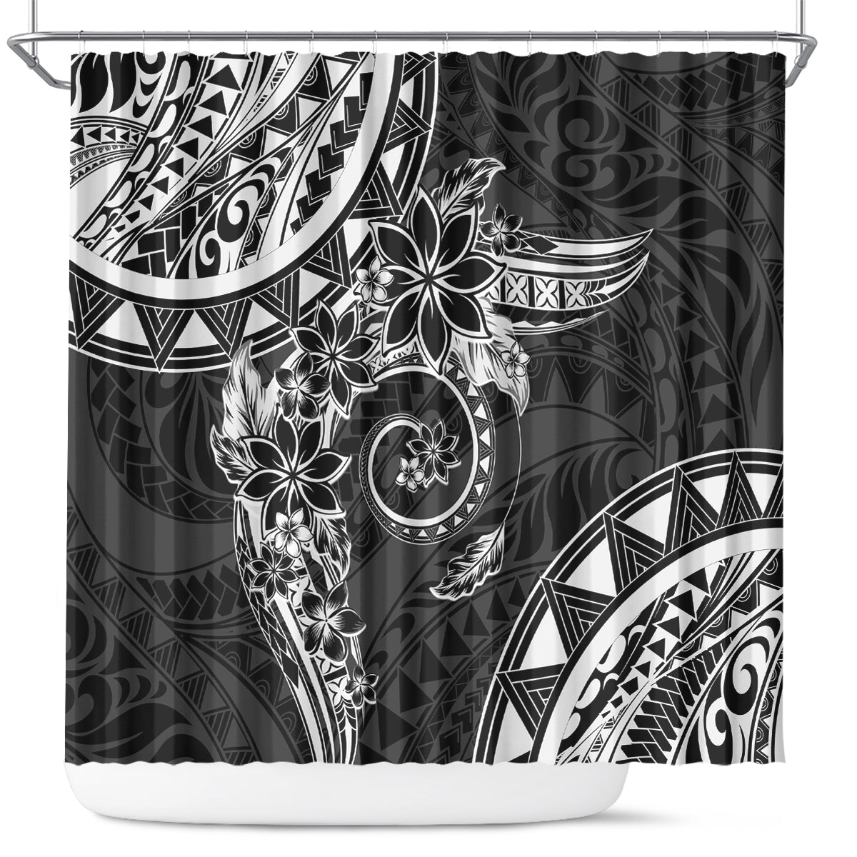 Polynesian Pattern With Plumeria Flowers Shower Curtain Black LT05 Black - Polynesian Pride