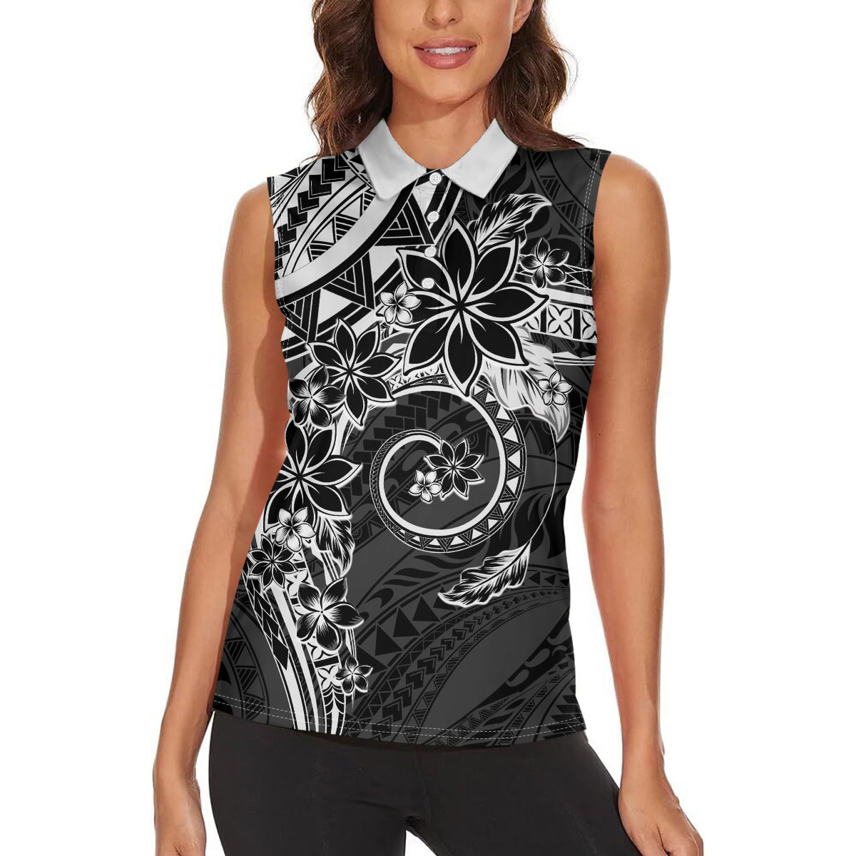 Polynesian Pattern With Plumeria Flowers Women Sleeveless Polo Shirt Black