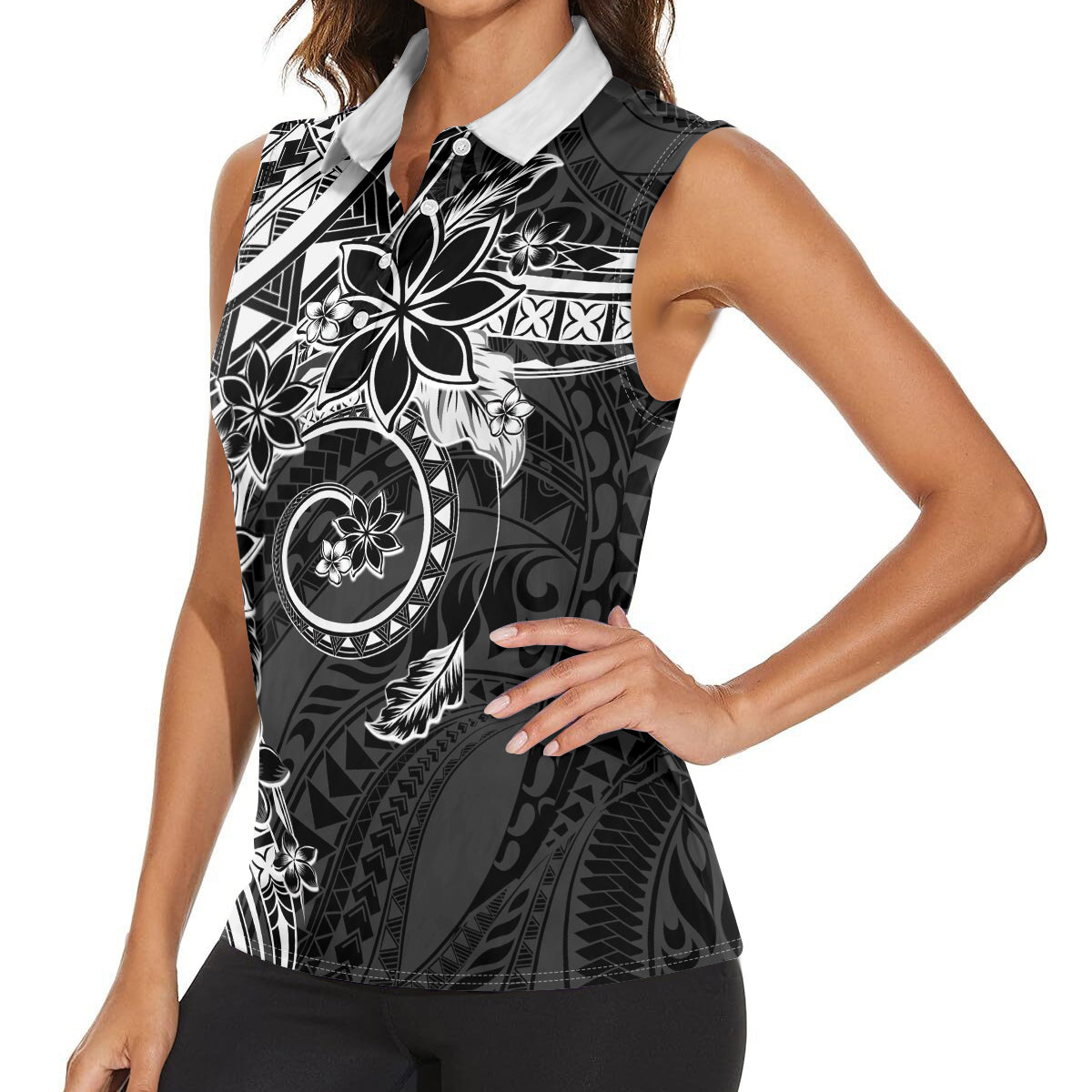 Polynesian Pattern With Plumeria Flowers Women Sleeveless Polo Shirt Black