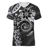Polynesian Pattern With Plumeria Flowers Women V-Neck T-Shirt Black