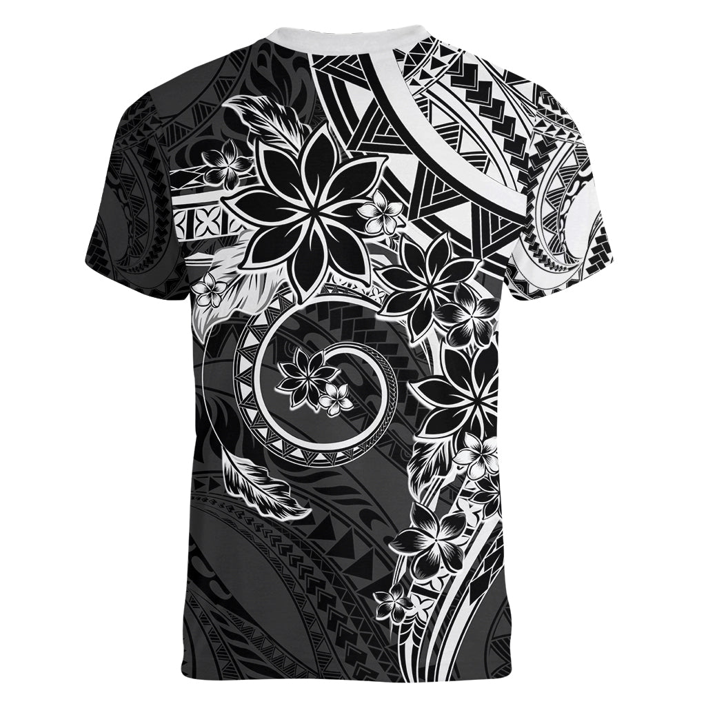 Polynesian Pattern With Plumeria Flowers Women V-Neck T-Shirt Black