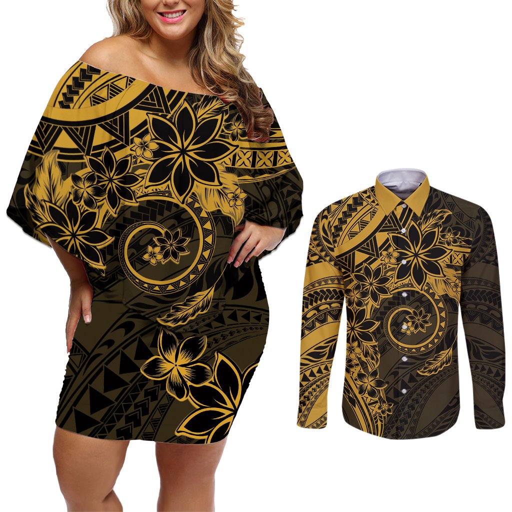 Polynesian Sunset Plumeria Couples Matching Off Shoulder Short Dress and Long Sleeve Button Shirt Gold Polynesian Tattoo