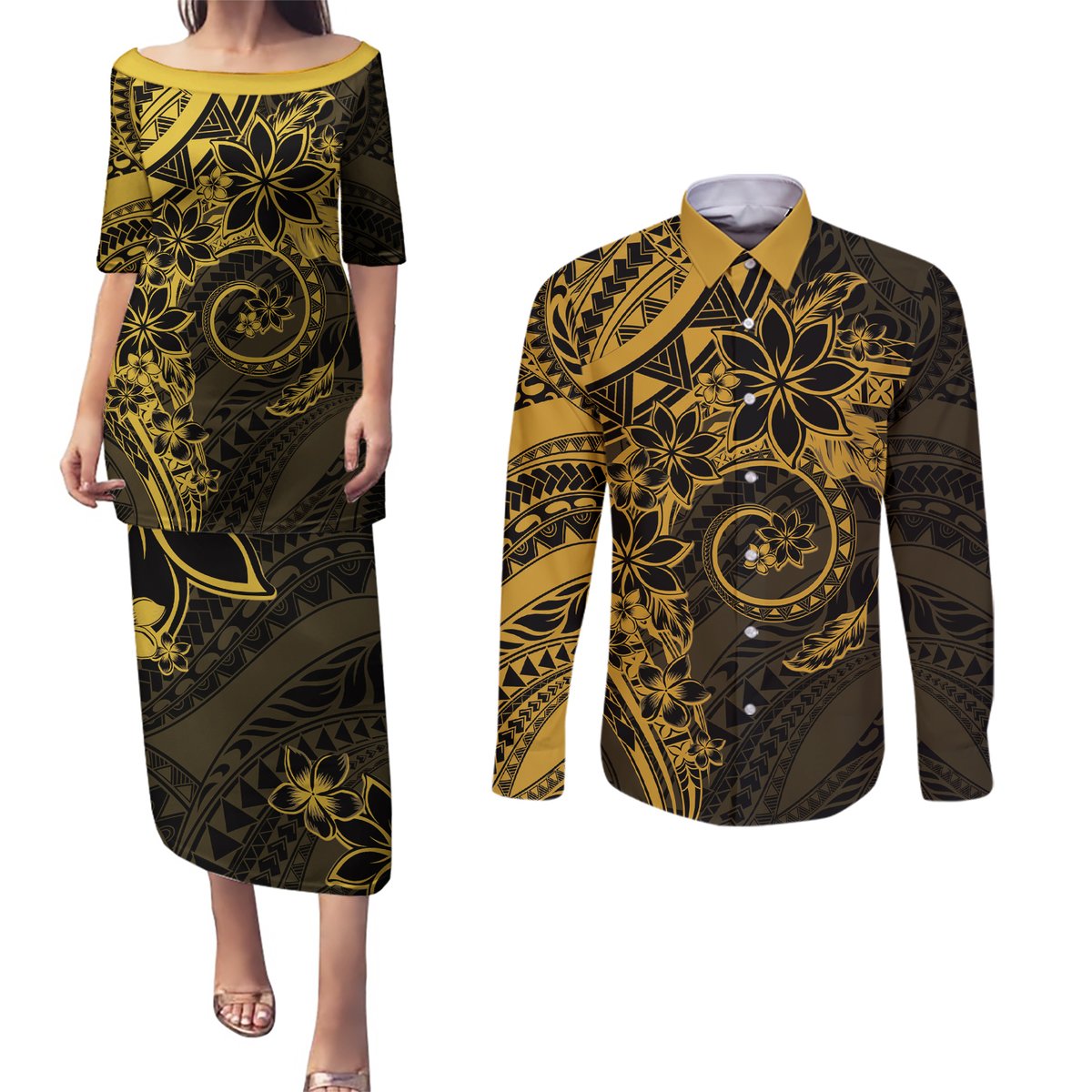 Polynesian Sunset Plumeria Couples Matching Puletasi and Long Sleeve Button Shirt Gold Polynesian Tattoo