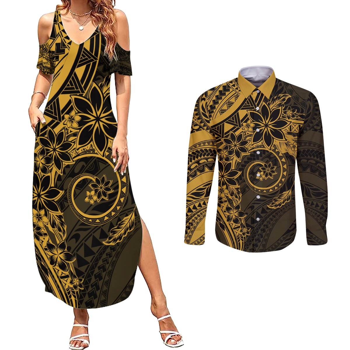 Polynesian Sunset Plumeria Couples Matching Summer Maxi Dress and Long Sleeve Button Shirt Gold Polynesian Tattoo