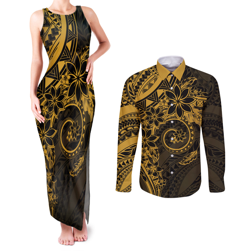 Polynesian Sunset Plumeria Couples Matching Tank Maxi Dress and Long Sleeve Button Shirt Gold Polynesian Tattoo