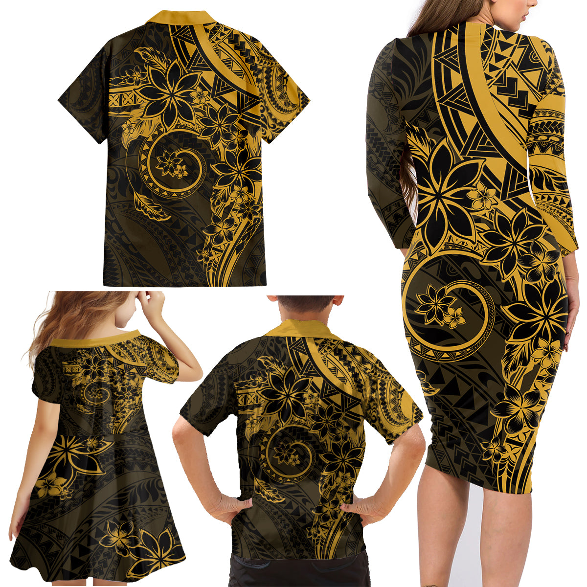 Polynesian Sunset Plumeria Family Matching Long Sleeve Bodycon Dress and Hawaiian Shirt Gold Polynesian Tattoo LT05 - Polynesian Pride