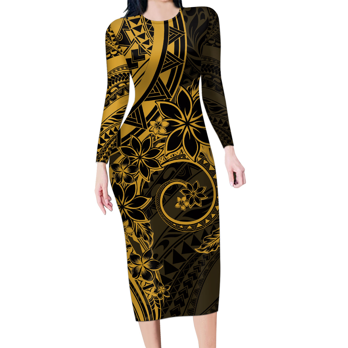 Polynesian Sunset Plumeria Family Matching Long Sleeve Bodycon Dress and Hawaiian Shirt Gold Polynesian Tattoo LT05 Mom's Dress Gold - Polynesian Pride