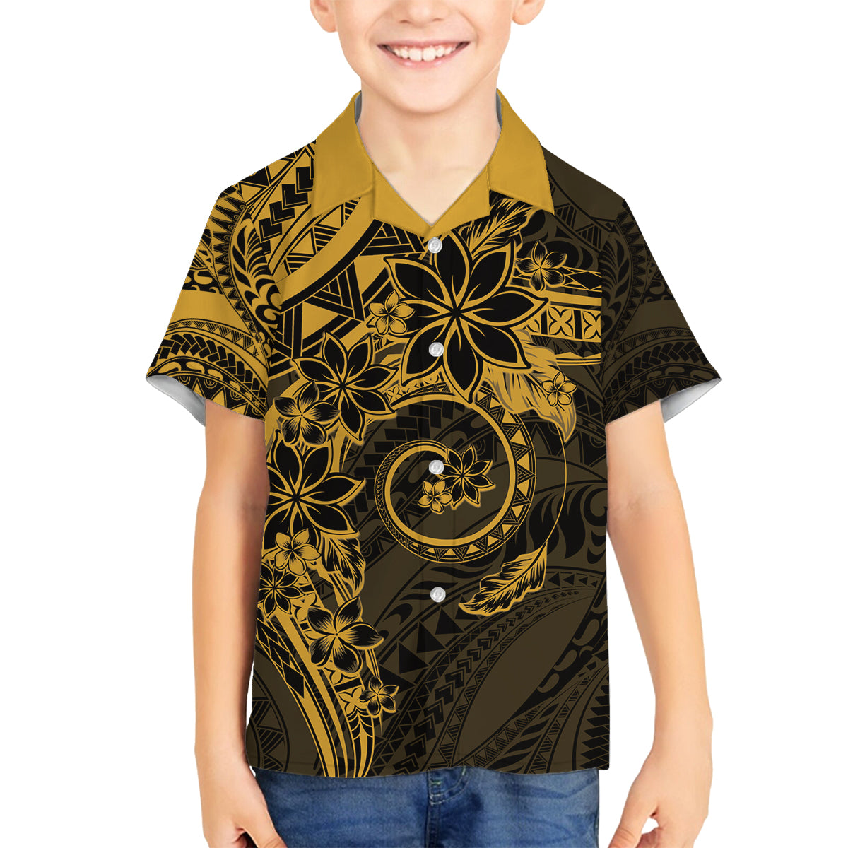 Polynesian Sunset Plumeria Family Matching Long Sleeve Bodycon Dress and Hawaiian Shirt Gold Polynesian Tattoo LT05 Son's Shirt Gold - Polynesian Pride