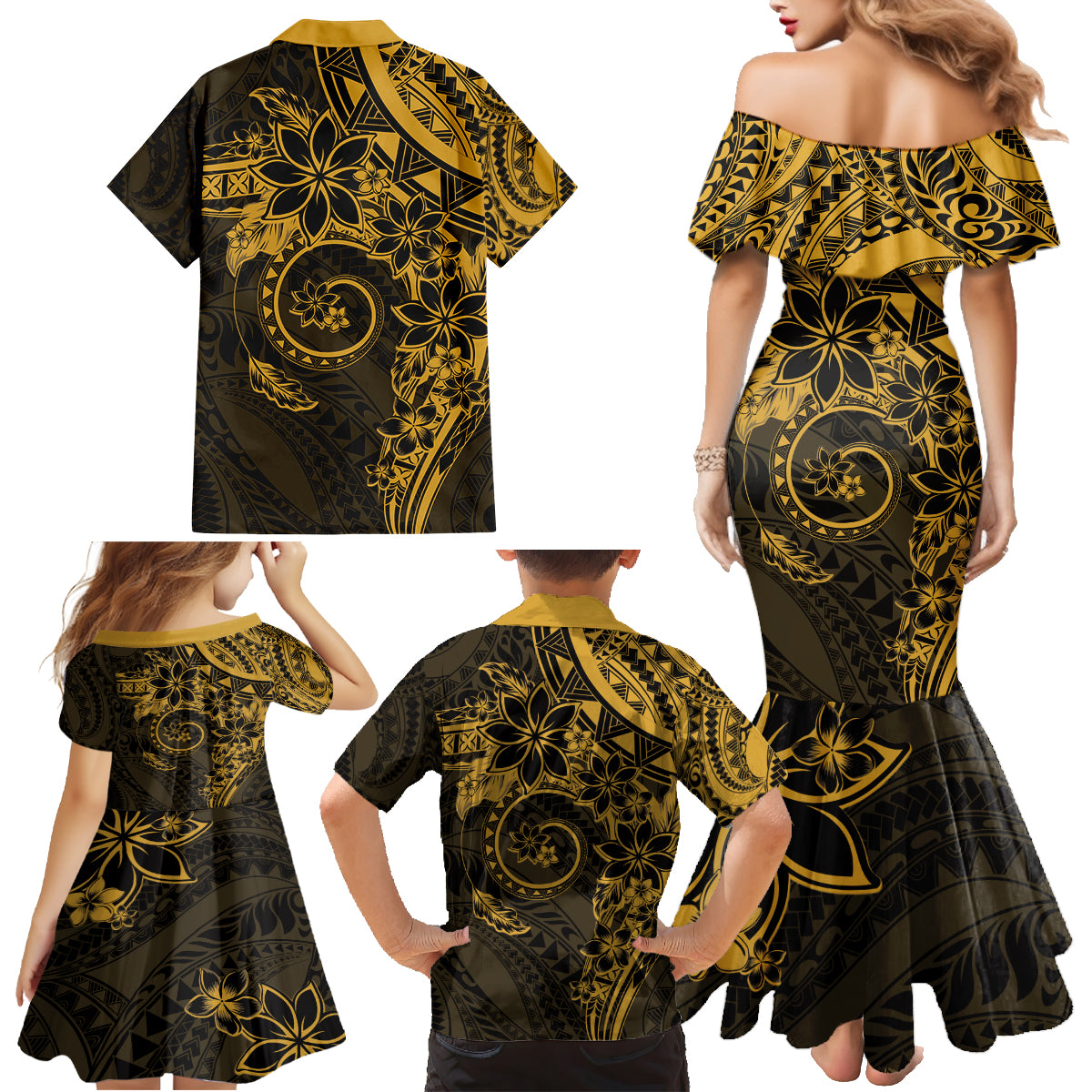 Polynesian Sunset Plumeria Family Matching Mermaid Dress and Hawaiian Shirt Gold Polynesian Tattoo LT05 - Polynesian Pride