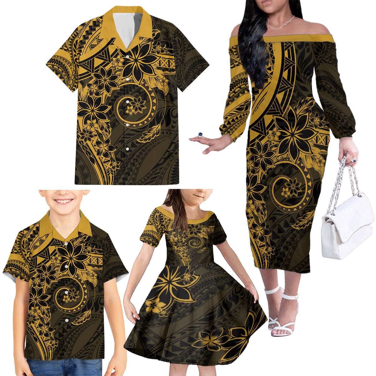 Polynesian Sunset Plumeria Family Matching Off The Shoulder Long Sleeve Dress and Hawaiian Shirt Gold Polynesian Tattoo LT05 - Polynesian Pride