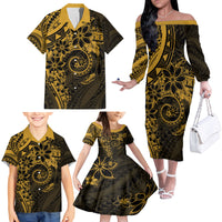 Polynesian Sunset Plumeria Family Matching Off The Shoulder Long Sleeve Dress and Hawaiian Shirt Gold Polynesian Tattoo LT05 - Polynesian Pride