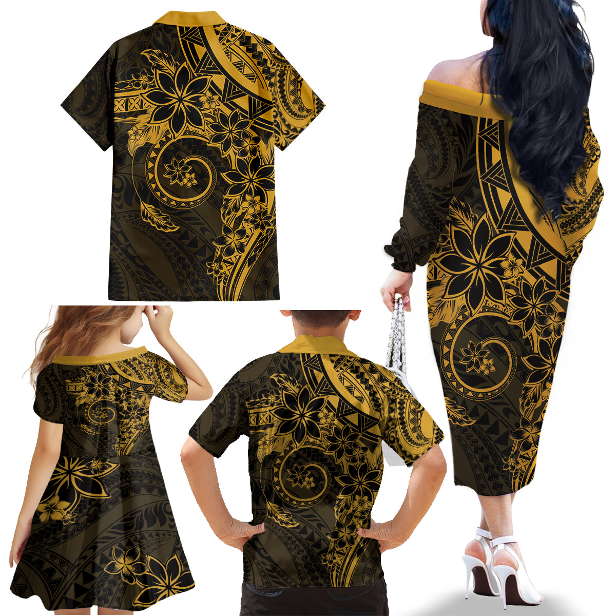 Polynesian Sunset Plumeria Family Matching Off The Shoulder Long Sleeve Dress and Hawaiian Shirt Gold Polynesian Tattoo LT05 - Polynesian Pride
