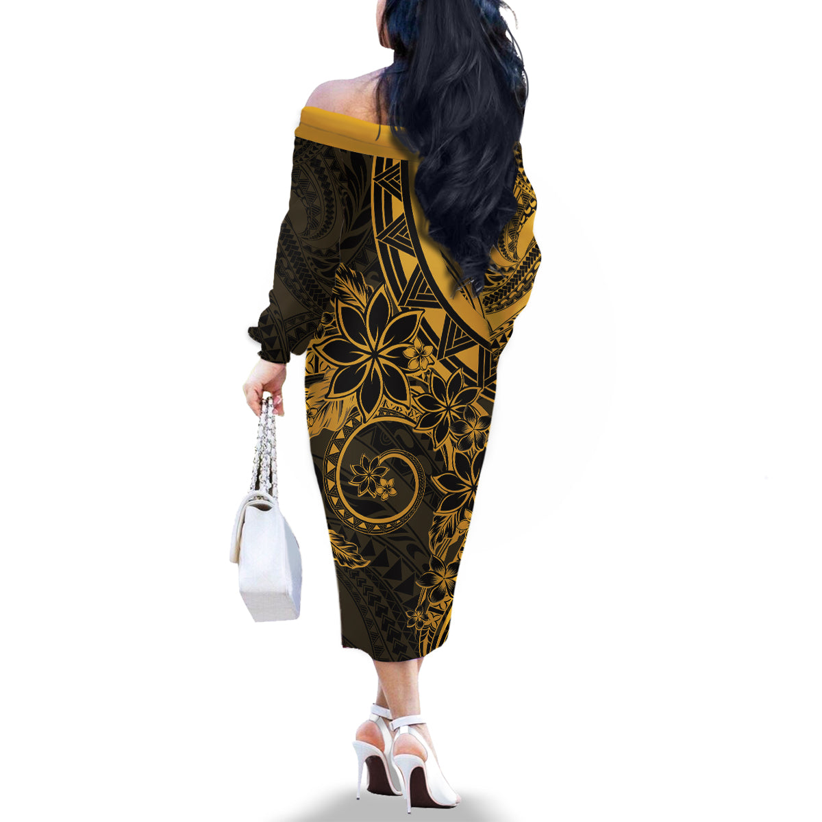 Polynesian Sunset Plumeria Family Matching Off The Shoulder Long Sleeve Dress and Hawaiian Shirt Gold Polynesian Tattoo LT05 - Polynesian Pride