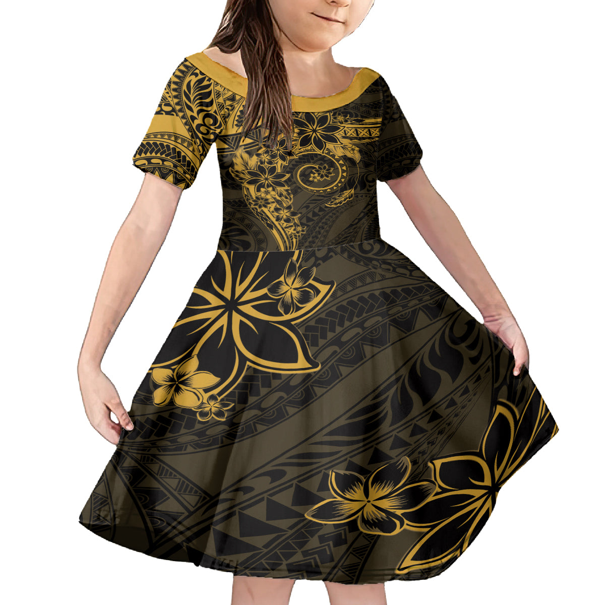 Polynesian Sunset Plumeria Family Matching Off Shoulder Maxi Dress and Hawaiian Shirt Gold Polynesian Tattoo LT05 Daughter's Dress Gold - Polynesian Pride