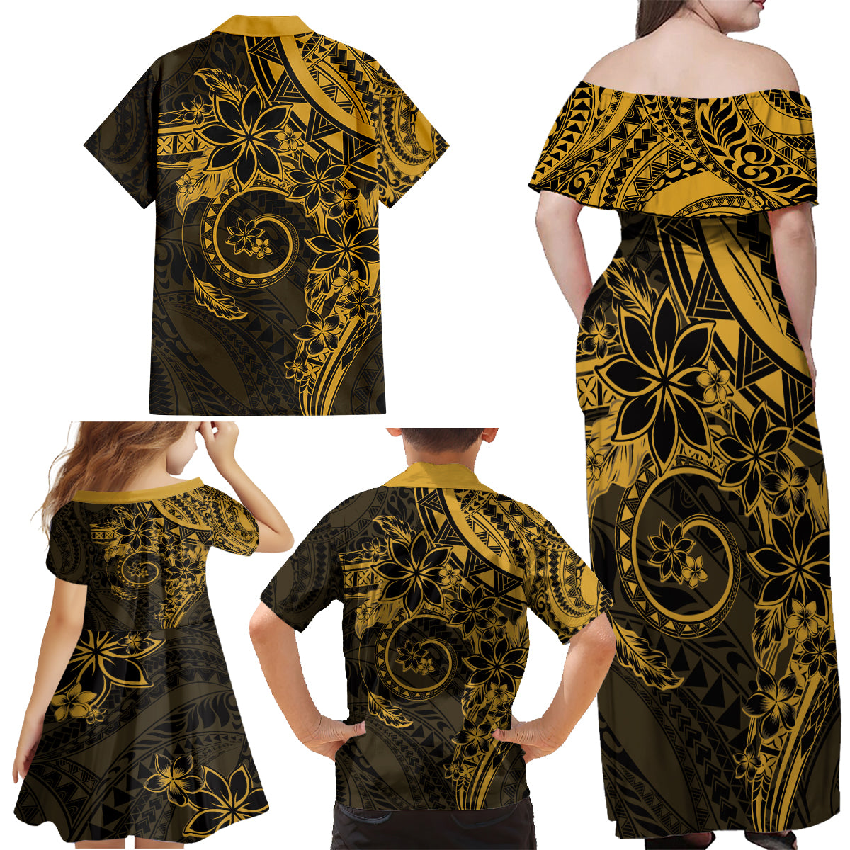 Polynesian Sunset Plumeria Family Matching Off Shoulder Maxi Dress and Hawaiian Shirt Gold Polynesian Tattoo LT05 - Polynesian Pride