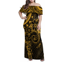 Polynesian Sunset Plumeria Family Matching Off Shoulder Maxi Dress and Hawaiian Shirt Gold Polynesian Tattoo LT05 Mom's Dress Gold - Polynesian Pride