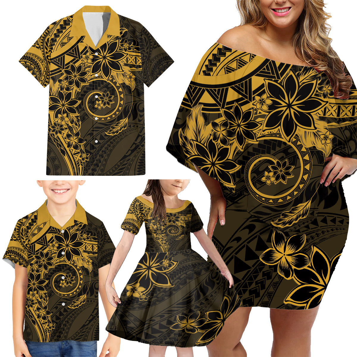 Polynesian Sunset Plumeria Family Matching Off Shoulder Short Dress and Hawaiian Shirt Gold Polynesian Tattoo LT05 - Polynesian Pride
