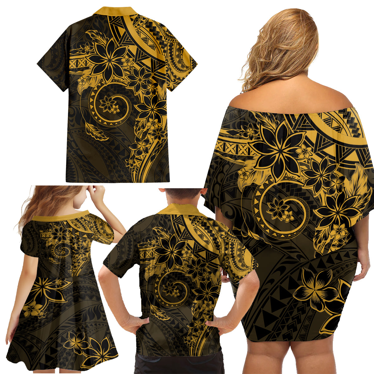 Polynesian Sunset Plumeria Family Matching Off Shoulder Short Dress and Hawaiian Shirt Gold Polynesian Tattoo LT05 - Polynesian Pride