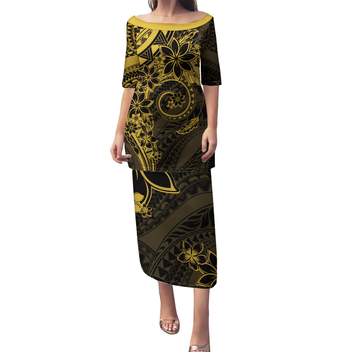Polynesian Sunset Plumeria Family Matching Puletasi and Hawaiian Shirt Gold Polynesian Tattoo