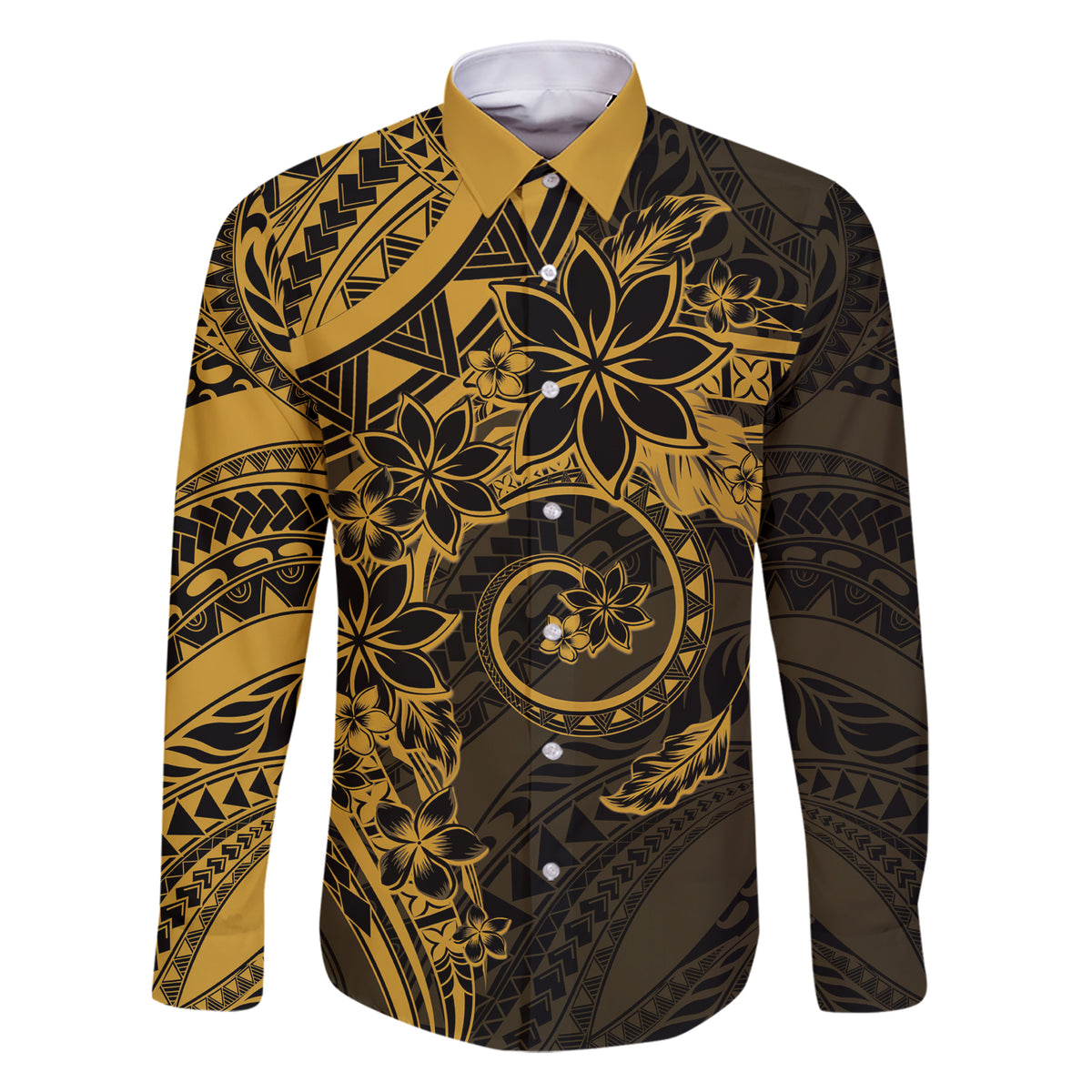 Polynesian Sunset Plumeria Family Matching Short Sleeve Bodycon Dress and Hawaiian Shirt Gold Polynesian Tattoo LT05 Dad's Shirt - Long Sleeve Gold - Polynesian Pride