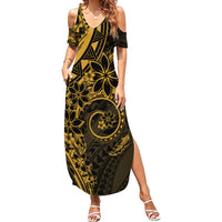 Polynesian Sunset Plumeria Family Matching Summer Maxi Dress and Hawaiian Shirt Gold Polynesian Tattoo LT05 Mom's Dress Gold - Polynesian Pride