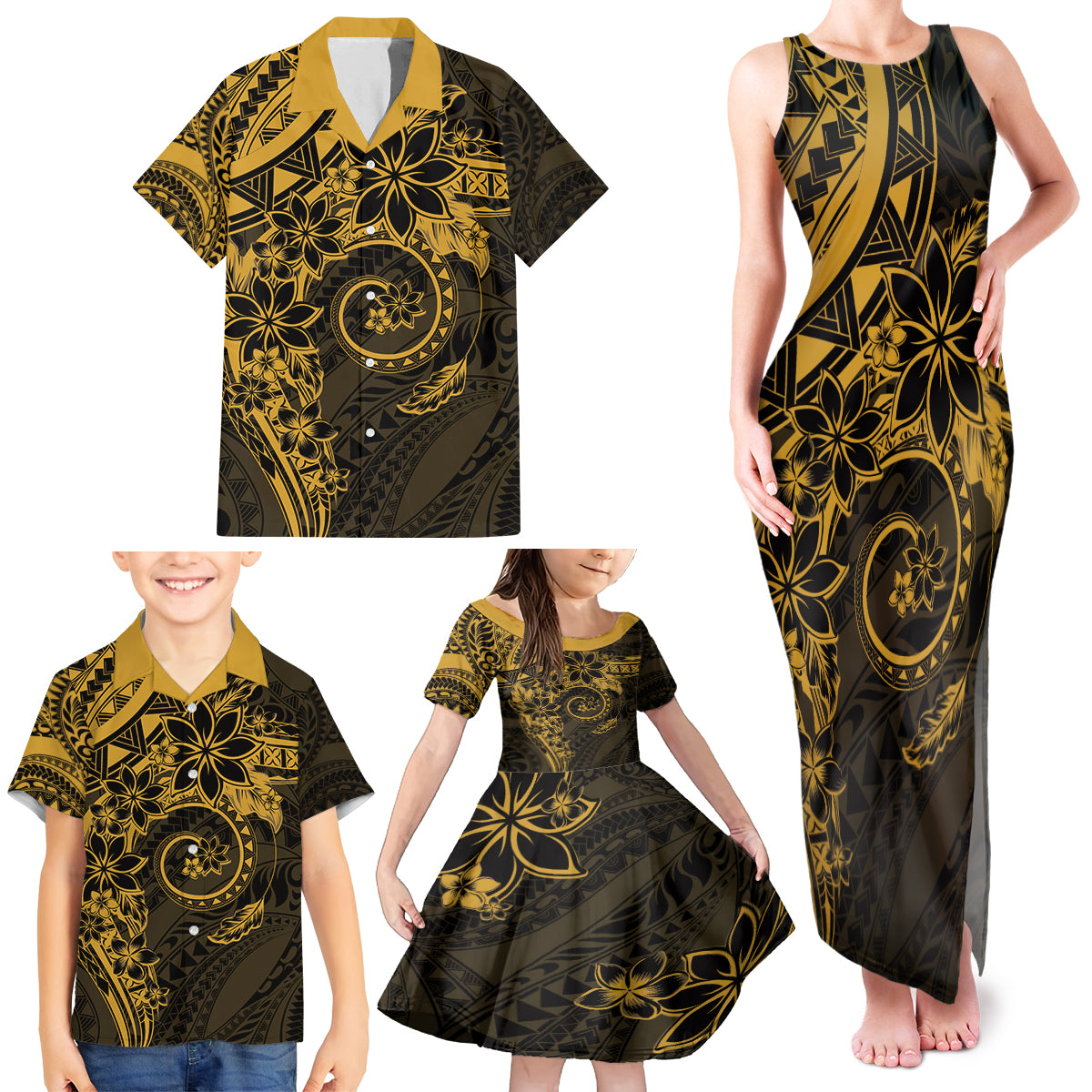 Polynesian Sunset Plumeria Family Matching Tank Maxi Dress and Hawaiian Shirt Gold Polynesian Tattoo LT05 - Polynesian Pride