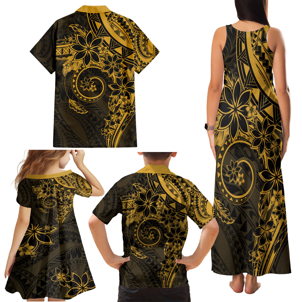 Polynesian Sunset Plumeria Family Matching Tank Maxi Dress and Hawaiian Shirt Gold Polynesian Tattoo LT05 - Polynesian Pride