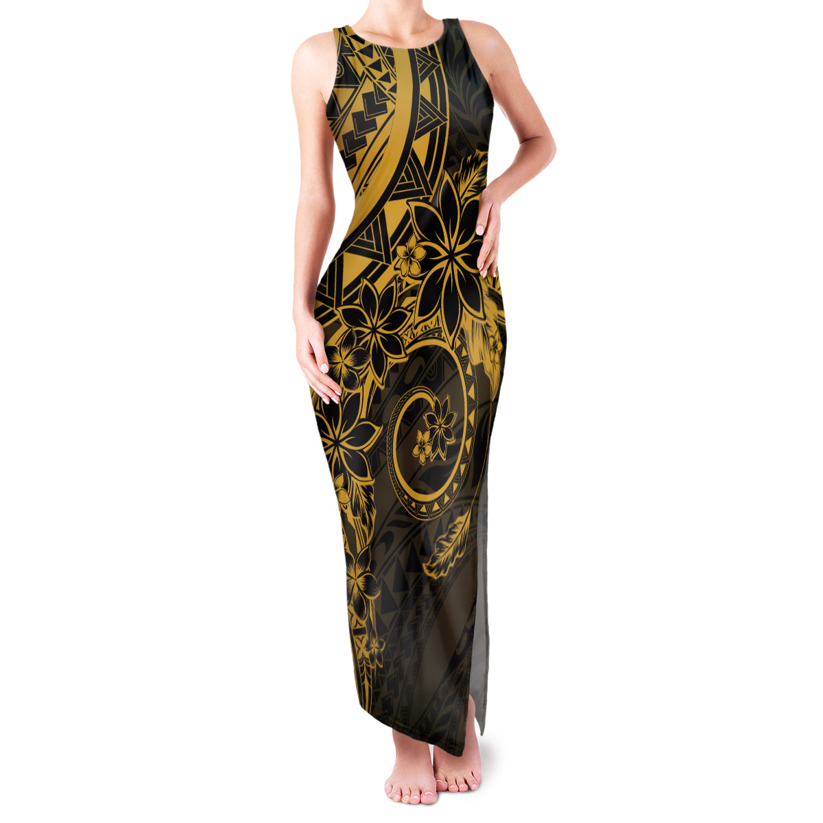 Polynesian Sunset Plumeria Family Matching Tank Maxi Dress and Hawaiian Shirt Gold Polynesian Tattoo LT05 Mom's Dress Gold - Polynesian Pride