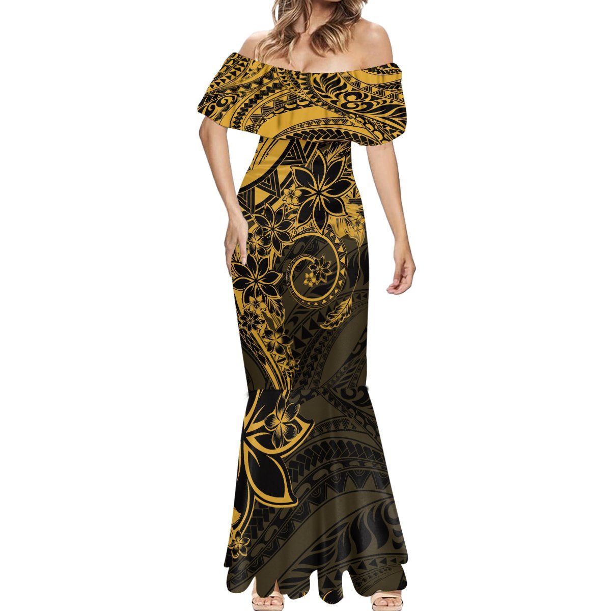 Polynesian Sunset Plumeria Mermaid Dress Gold Polynesian Tattoo LT05 - Polynesian Pride