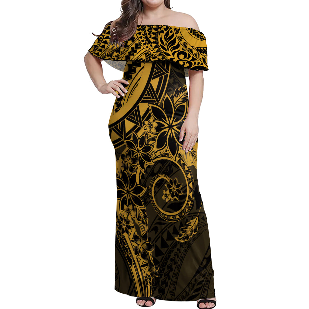 Polynesian Sunset Plumeria Off Shoulder Maxi Dress Gold Polynesian Tattoo