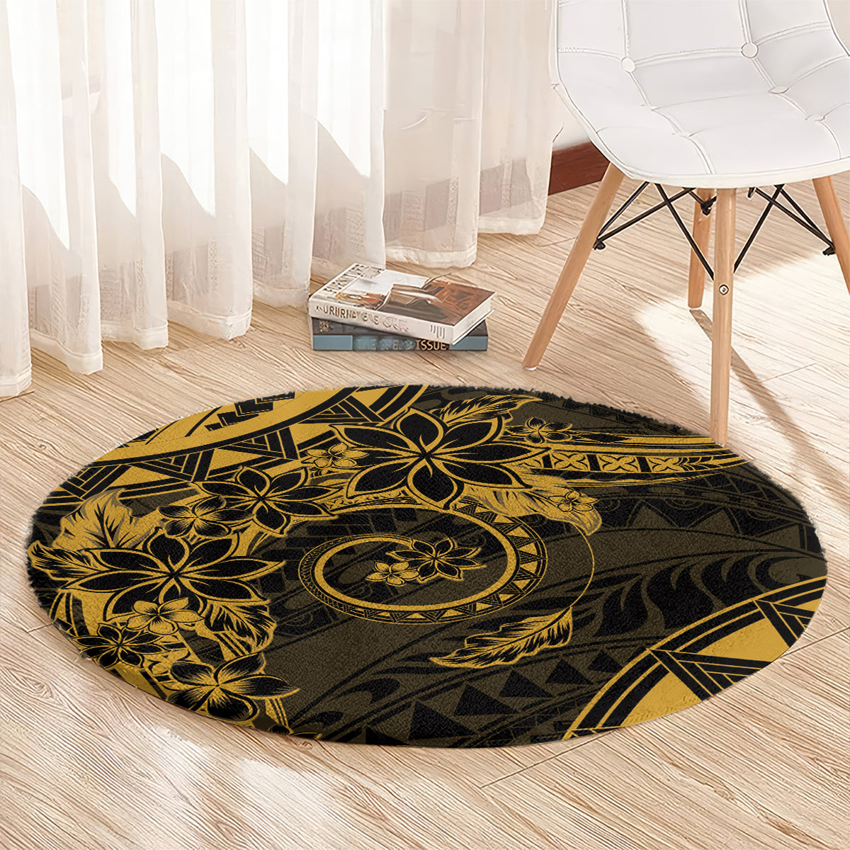 Polynesian Sunset Plumeria Round Carpet Gold Polynesian Tattoo