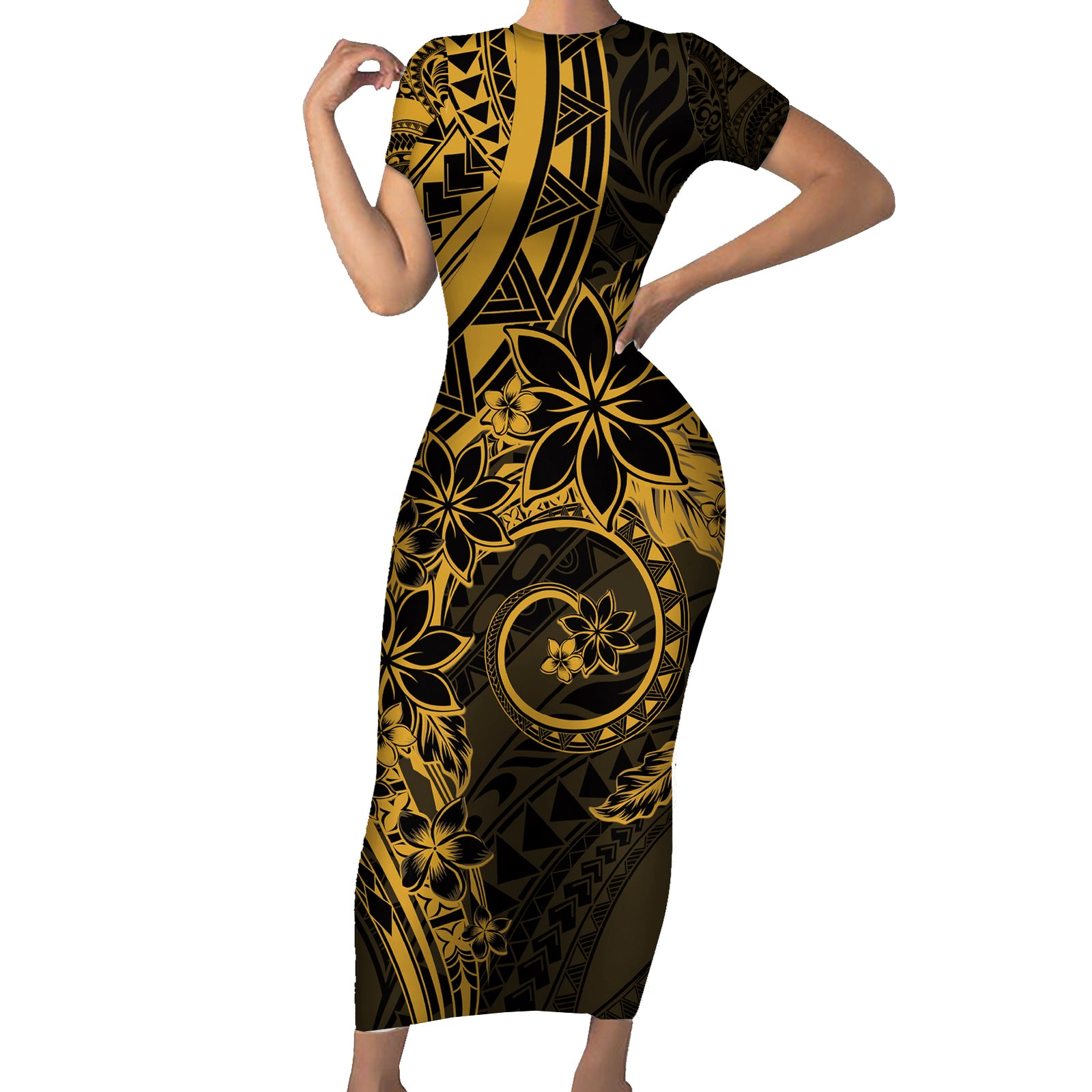 Polynesian Sunset Plumeria Short Sleeve Bodycon Dress Gold Polynesian Tattoo LT05 Long Dress Gold - Polynesian Pride