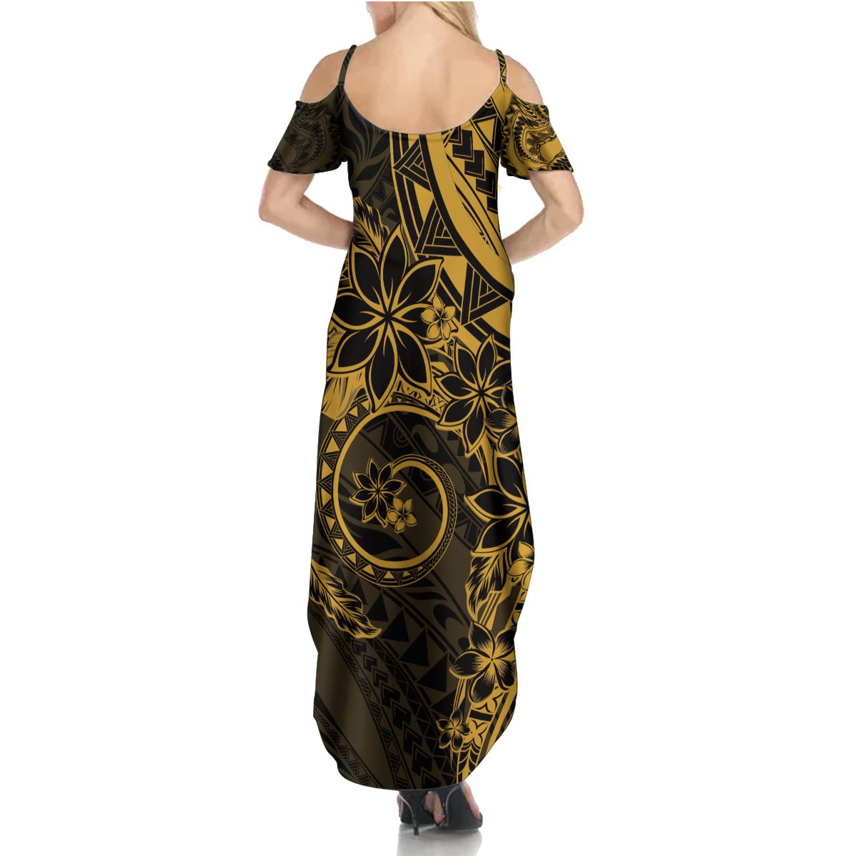 Polynesian Sunset Plumeria Summer Maxi Dress Gold Polynesian Tattoo
