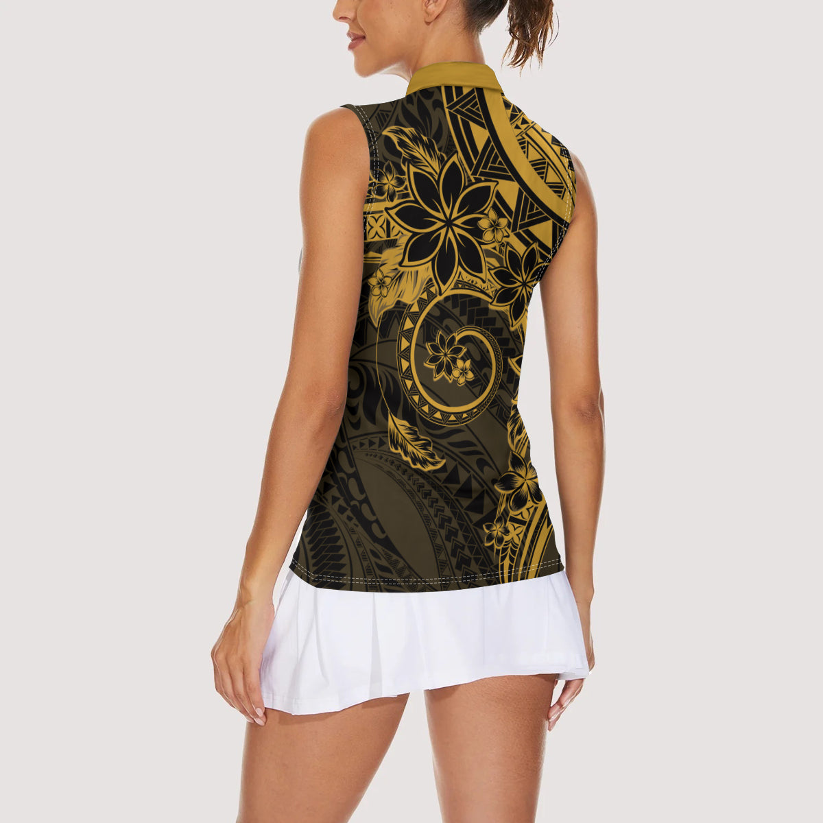 Polynesian Sunset Plumeria Women Sleeveless Polo Shirt Gold Polynesian Tattoo