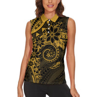 Polynesian Sunset Plumeria Women Sleeveless Polo Shirt Gold Polynesian Tattoo