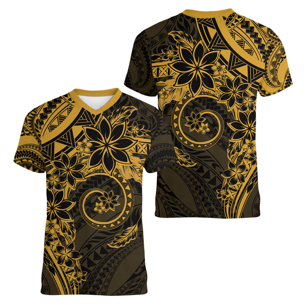 Polynesian Sunset Plumeria Women V-Neck T-Shirt Gold Polynesian Tattoo
